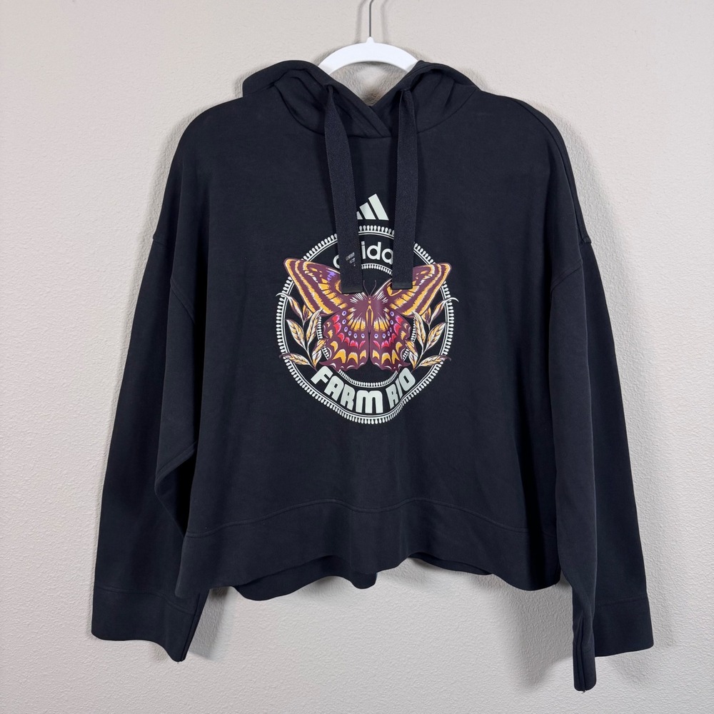 Adidas Farm Rio Butterfly Graphic Oversized Cropped Hoodie Black Blue Stripes XL